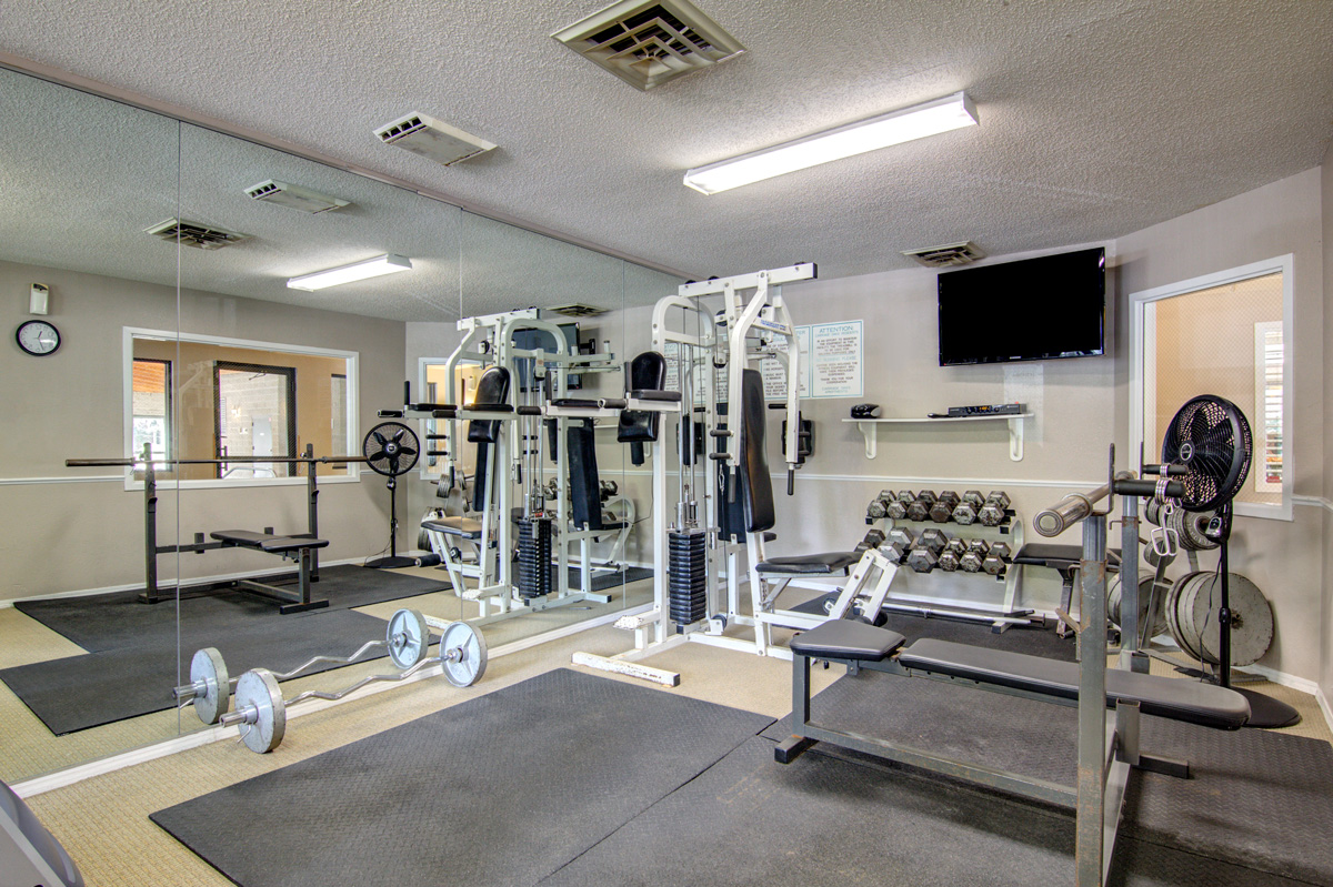 Indoor gym with weights and television