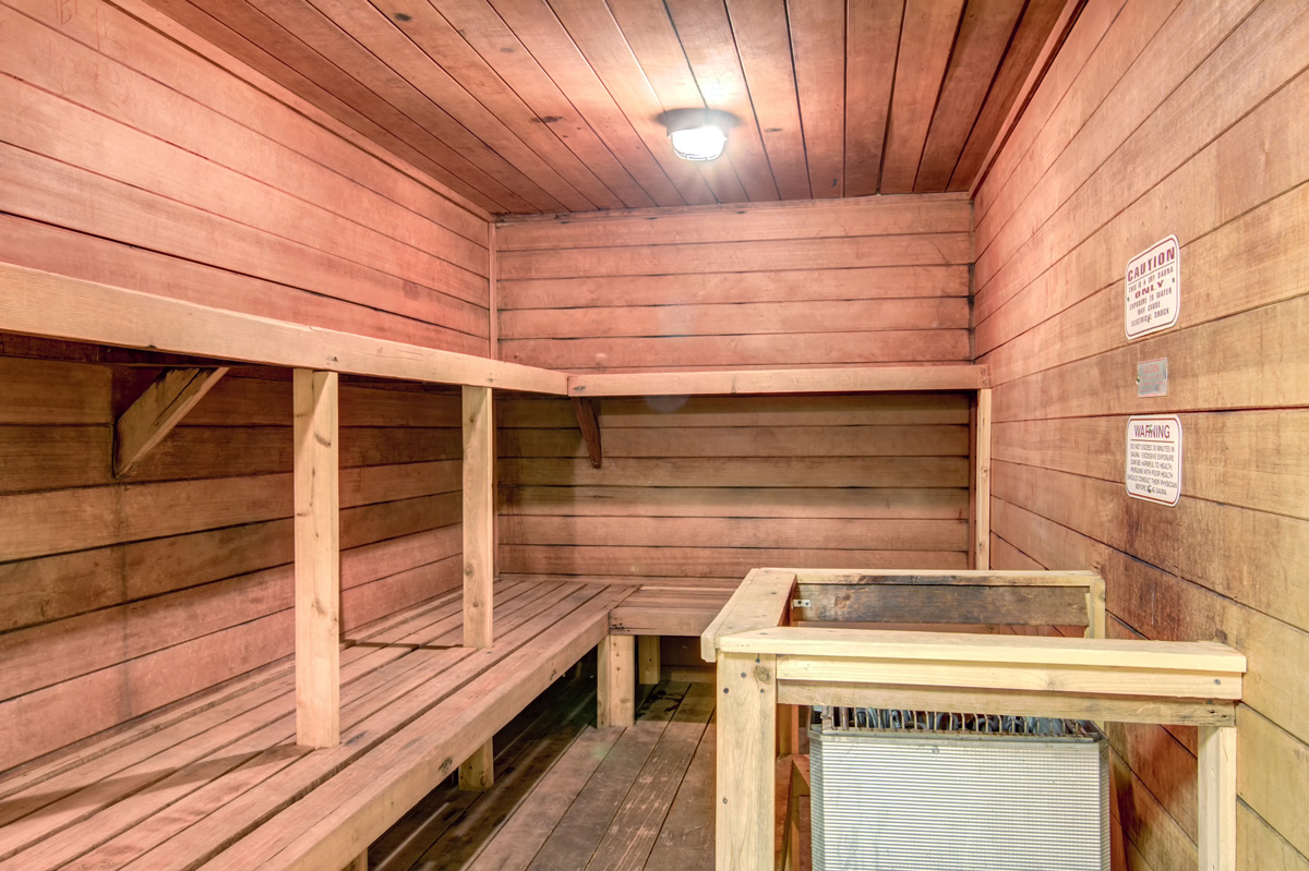 Wood Sauna with multiple sitting areas