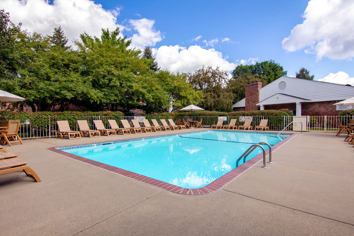 View of an outdoor pool with loungers around